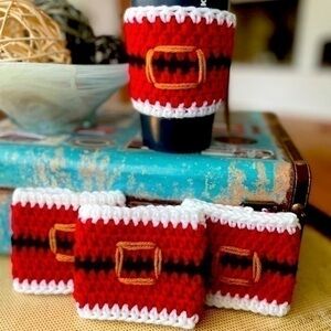Handmade 4-pack Reusable Santa Can Cup Huggies Crochet Knit Set Christmas Host